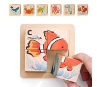 IEATFO Juguete de rompecabezas de madera de animales oceánicos - Rompecabezas de cubo de madera de 4 bloques con bandeja de almacenamiento - Juego 6 en 1 a juego con ballena, tortuga, cangrejo, pulpo