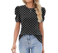 IECCP Blusa de manga corta abombada con cuello redondo y encaje para mujer, estilo informal, holgada, Lunares negros, XL
