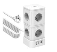 IECOPOWER PD20W Torre regletas enchufes, regleta enchufes con 4 USB, regleta enchufes Proteccion sobretension, 4000 W/16 A, regleta 5 Metros con Interruptor, Blanco