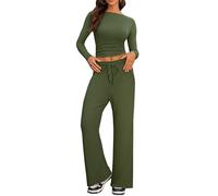 IEEILULU Conjunto de Dos Piezas Cómodo Mujer con Top de Manga Larga con Fruncidos Laterales y Pantalones Anchos para Estar en Casa y Viajar (Verde, XL)
