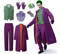 IEEILULU - Disfraz de Joker para hombre, traje de payaso asesino de terror de Halloween Killer Joker para hombres con abrigo púrpura, chaleco verde, pantalones, corbata, cuello falso camisa y guantes