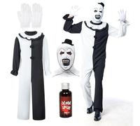 IEEILULU Disfraz de Payaso Asesino Hombre, Conjunto Terror Con Mono Negro Blanco y Máscara de Sombrero Terrifier para Halloween Carnaval (2XL)
