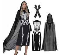 IEEILULU Disfraz Halloween Mujer Bruja, Vampiresa Capa Negra con Capucha, Esqueleto Vestido Largo de Terror, Miedo Disfraz de Novia Cadaver, Zombi, Reina Malvada, Disfraz de Carnaval (M)