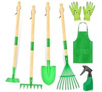 IEEILULU Juego de herramientas de jardín para niños, herramientas de jardín para niños, de madera, 7 piezas, juguete de jardín extraíble con delantal regadera, juguete de jardín al aire libre para