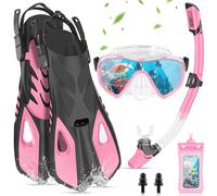 IEEILULU Snorkel Set Adulto, Kit Snorkel 7 Piezas con Máscara de Buceo Antivaho y Aletas Ajustable para Hombre Mujere con Bolsa Portátil, Dos Tamaños (Rosa, S/M)