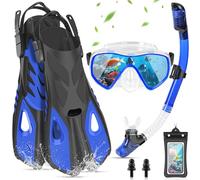 IEEILULU Snorkel Set Adulto, Kit Snorkel 7 Piezas con Máscara de Buceo Antivaho y Aletas Ajustable para Hombre Mujere con Bolsa Portátil, Dos Tamaños (Azul, S/M)