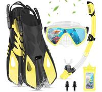 IEEILULU Snorkel Set Adulto, Kit Snorkel 7 Piezas con Máscara de Buceo Antivaho y Aletas Ajustable para Hombre Mujere con Bolsa Portátil, Dos Tamaños (Amarillo, S/M)