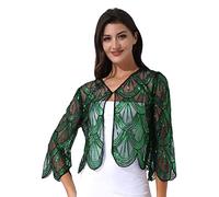 IEFIEL Cárdigan Gasa de Fiesta Para Mujer Chaqueta Chal Verano de Boda Ceremonia Bolero Lentejuelas Para Vestido de Fiesta Mujer Torera Negro&Verde Talla única