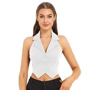 IEFIEL Chaleco de Traje Esmoquin para Mujer Cuello Halter con Botones y Cuello V sin Espalda Retro Chaleco Blazer sin Manga de Vestir Oficina XS-XXL Blanco L