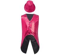 IEFIEL Chaleco Lentejuelas Niños con Sombrero Chaqueta sin Mangas de Traje Esmoquin Chaleco Disfraz de Bailes Actuaciones Festivales Rosa caliente 13-14 años