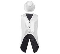 IEFIEL Chaleco Lentejuelas Niños con Sombrero Chaqueta sin Mangas de Traje Esmoquin Chaleco Disfraz de Bailes Actuaciones Festivales Plateado 13-14 años