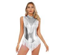 IEFIEL Maillot Brillante de Baile Latino con Flecos para Mujer Maillot Patinaje de sin Mangas Leotardos de Danza Body de Baile Salsa Tango Jazz Rumba A Plateado S