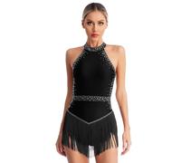 IEFIEL Maillot Brillante de Baile Latino con Flecos para Mujer Maillot Patinaje de sin Mangas Leotardos de Danza Body de Baile Salsa Tango Jazz Rumba F Negro M