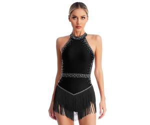 IEFIEL Maillot Brillante de Baile Latino con Flecos para Mujer Maillot Patinaje de sin Mangas Leotardos de Danza Body de Baile Salsa Tango Jazz Rumba F Negro M
