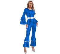 IEFIEL Mono Brillante de Baile para Mujer Disfraz de Sueño de Baile de los Años 70 con Malla Entera Metálico Reina Bailarina para Fiesta Actuación S-3XL Azul real S