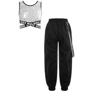 IEFIEL Traje de Baile Moderno para Niñas Crop Top de Danza de Lentejuelas sin Mangas con Pantalones Cargos de Largos Ropa de Deportiva Street Dance 5-16 Años Plateado 9-10 años
