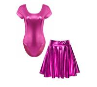 IEFIEL Traje de Danza de Brillante Metálico para Mujer Maillot Baile Body de Manga Corta con Falda Skater de Metalizada Vestido de Patinaje Artístico S-XL Rosa caliente L