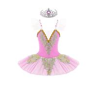 IEFIEL Vestido de Bailarina Ballet Cisne para Niña con Lentejuelas Rendimiento Maillot con Falda Tutú y Corona y Clips Floral Traje de Gimnasia Rítmica Patinaje 4-16 Años F Rosa B 10-12 años