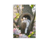 IEJKLUVWX Gato en un nido entre flores Cuadro De Pared Agujero en un árbol Decoración Moderna Lienzo Impermeable Ecológico Fácil De Instalar Dormitorio Hotel Decoración Ideal 12x18inch(30x45cm)