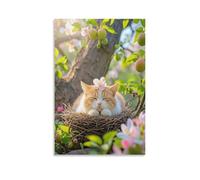 IEJKLUVWX Gato en un nido entre flores Decoración De Pared Gato durmiendo Decoración Moderna Lienzo Impermeable Duradero Resistente A La Humedad Comedor Café Más Vendido 08x12inch(20x30cm)