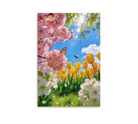 IEJKLUVWX Mariposa entre flores primaverales Cuadro De Pared Flores y mariposas Decoración De Pared Lienzo Impermeable Duradero Fácil De Instalar Salón Baño Decoración Ideal 12x18inch(30x45cm)