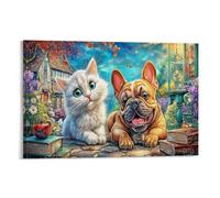IEJKLUVWX Perro y gato Cuadro Único Cat & BullPerro francés Decoración Moderna Lienzo Impermeable Ecológico Fácil De Instalar Oficina Dormitorio Mejora Tu Hogar 20x30inch(50x75cm)