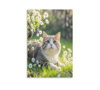 IEJKLUVWX Retrato de un gato entre margaritas Cuadro Único Gato atigrado Cuadro De Pared Lienzo Impermeable Ecológico Fácil De Instalar Dormitorio Oficina Mejora Tu Hogar 12x18inch(30x45cm)