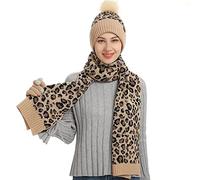 Ieopard Print 3 piezas para actividades al aire libre cálido sombrero, bufanda y guantes de pantalla táctil para mujer, Beige, Talla única