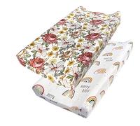 iEvolve Funda para cambiador, ultrasuave, con puntos de visón, transpirable, para cambiador, para bebés, niños y niñas (flor y arco iris, paquete de 2)
