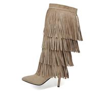 IF Botas altas con 3 capas de flecos estilo occidental de punta y tacón de aguja ante sintético GA049, 049 Beige, 40 EU