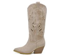 IF Botas altas Texanas para mujer Western de piel sintética vegana, diseño perforado, tacón medio y punta cónica, 37 EU