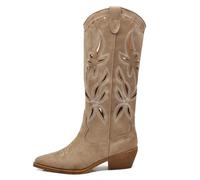 IF Botas altas Texanas para mujer Western de piel sintética vegana, diseño perforado, tacón medio y punta cónica, 746 3 Taupe, 37 EU