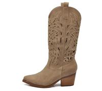 IF Botas altas Texanas para mujer Western de piel sintética vegana, diseño perforado, tacón medio y punta cónica