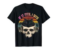 If It Fits I Sit Black Cat Skull Minimalista Meme Cats Retro Camiseta