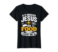 If It Involves Jesus and Food Count Me In Christian Foodie Camiseta gráfica económica, Mujer, Negro, XL