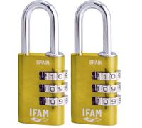 IFAM Candado de Combinación Col Combi, 20mm, Color Amarillo, Máxima Seguridad, Ideal para Mochilas y Maletas, Con Clave y Más de 1.000 Combinaciones, Aluminio, Gran Ligereza, Arco 3mm (Paquete de 2)