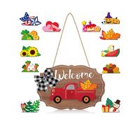 IFENG 12 Pieces Truck Blank Welcome Sign Seasonal Welcome Truck Sign Red Truck Decor with Interchangeable Wooden Cutouts for Holiday Independence Day