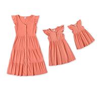 IFFEI Madre e Hija Vestidos Mangas con Volantes Vestido de Verano Familia Trajes a Juego, Coral, 8-9 años