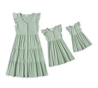 IFFEI Madre e Hija Vestidos Mangas con Volantes Vestido de Verano Familia Trajes a Juego, Verde, 2 años