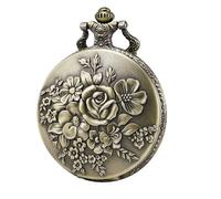 ifundom Reloj de Bolsillo Retro Patrón Floral de Rosas, Aleación de Cobre Antiguo, Movimiento de Cuarzo Preciso, Cadena Fina para Hombre, Accesorio Vintage para Uso Diario