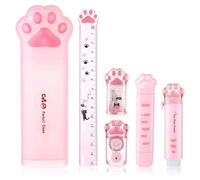 iFutniew Lindo juego de papelería de gato, 6 piezas, kit de papelería de gato kawaii, sacapuntas retráctil, borrador retráctil, cinta correctora, regla fácil de usar
