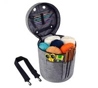igadgitz home U7267 Knitting Bag Redonda de Poliéster para Tejer, Bolsa de Crochet para Lanas, Bolsa de Tejer con Bandolera - Gris