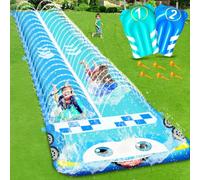 iGeeKid - Tobogán acuático extra largo de 33 pies para niños, toboganes de agua de césped de doble carril con 2 bodyboards, valla de seguridad, toboganes de agua resistentes al aire libre