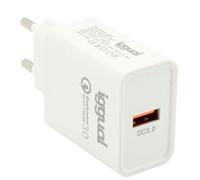 iggual. Cargador rápido 18 W USB A- Tecnología QC 3.0. Compatible Cualquier Marca Dispositivo móvil. Protección sobrecalentamiento. Color Blanco.