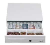 iggual - Cajón Portamonedas IRON-30PW, Caja Efectivo Registradora Manual o Automática RJ11(12V), Compart: x5 Billetes y x5 Monedas, Cerradura 3 Posiciones Bloqueo, 42x40,5x10 cm, Carcasa Blanco Puro