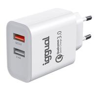 iggual Cargador Doble para móvil.- 30W Carga máxima -Cargador Pared Carga rápida - 1 Puerto de 18W USB-A Tecnología QC 3.0 + 1 Puerto de 12W USB-A. Compatible Cualquier Dispositivo móvil. Blanco