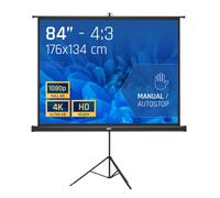 iggual Pantalla de Proyección 84” con Trípode de Acero - Enrollable Manual- Portátil con Bolsa- 4:3- Tela Blanca Mate de 4 Capas y Trasera Negra- Auto-Stop Ajustable- Compatible 4K Full HD (176x134cm)