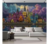 Iglesia De La Ciudad Colorida 400x280cm Papel Pintado Seda Decoración De Pared Decorativos Murales Moderna De Diseno Estilo De Dibujos Animados En 3D Para Salón, Adulto Habitación De NiñosPúrpura
