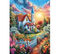 Iglesia Rural en el jardín de Flores Puzzle 500 Piezas Desafío Intelectual Cuento de Hadas fantástico Animal Rompecabezas para Adultos Obra De Arte Colorido DIY Creativo Decoración Hogar 500 PCS