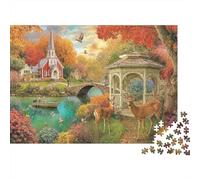 Iglesia Rural Jardín Puzzle de 1000 Piezas Puzzle para Adultos Paisaje Otoñal Relajante Decoración Hogar Diversión Familiar Regalo 38x26cm/1000pcs